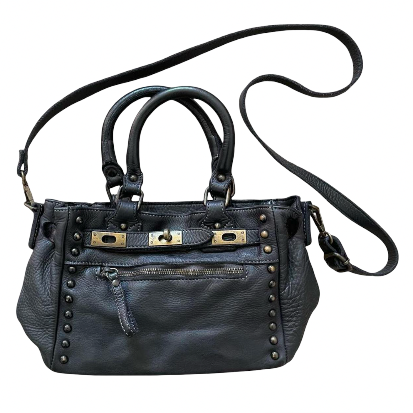 Black (small) leather firkin bag with studs.