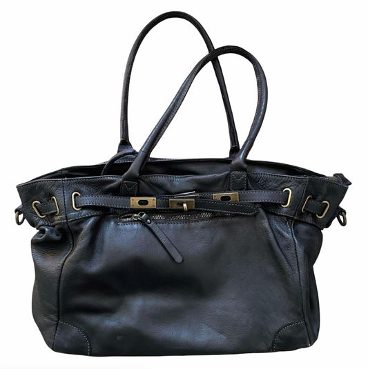 Black (large) leather firkin bag.