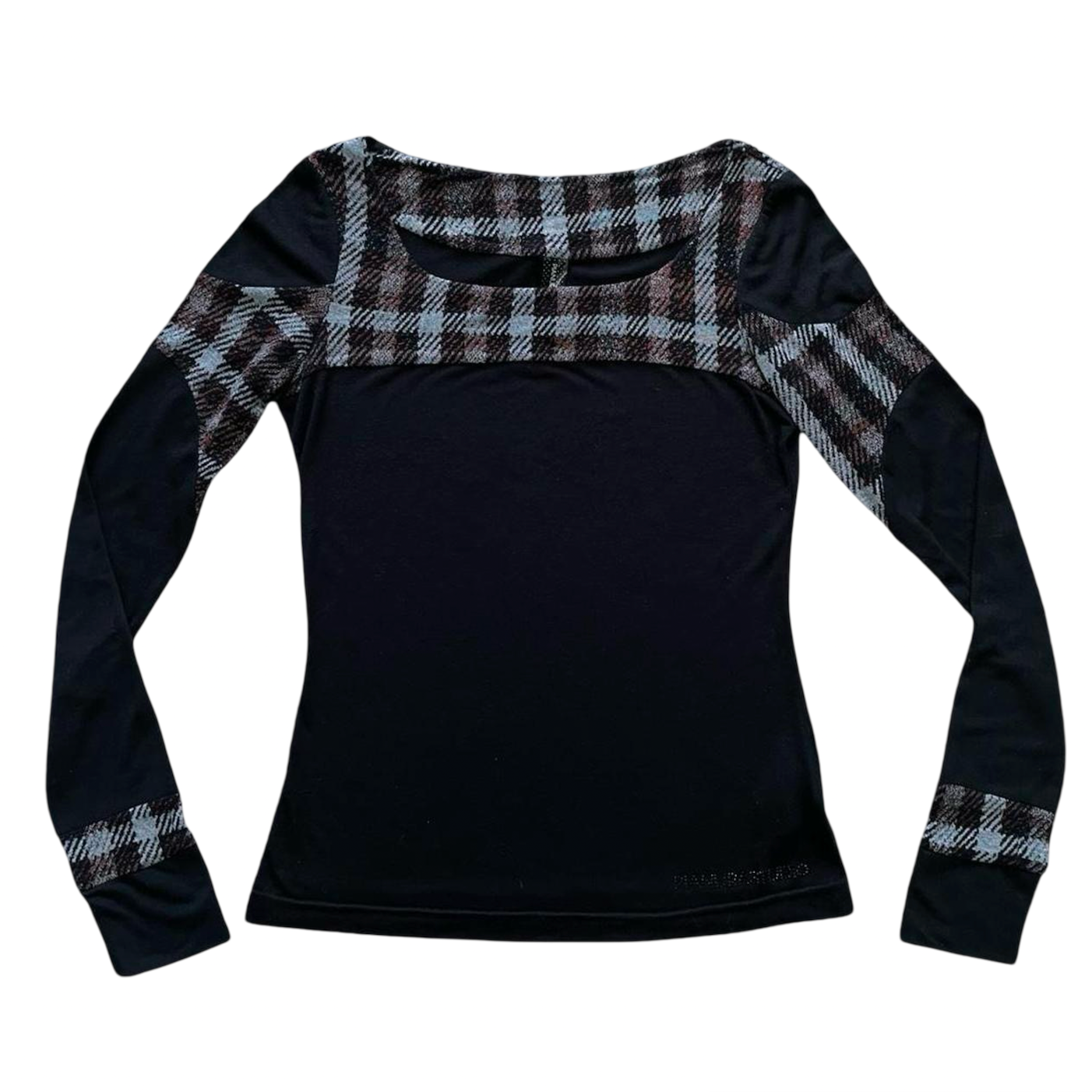 Italian black long-sleeve top with black and plaid motif.