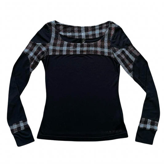 Italian black long-sleeve top with black and plaid motif.