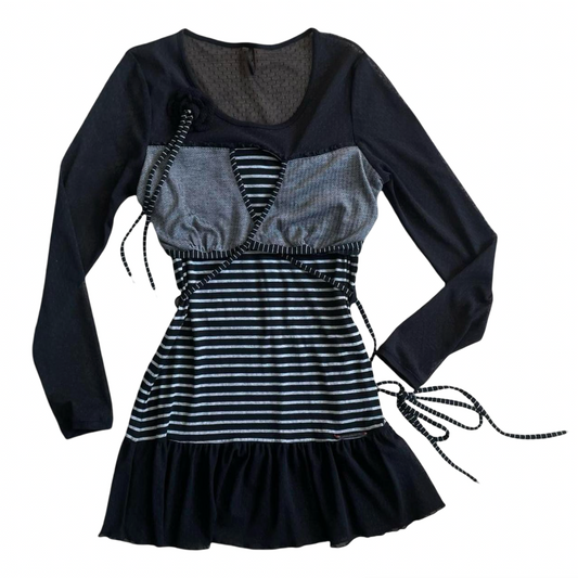 French multi-fabric mini dress.