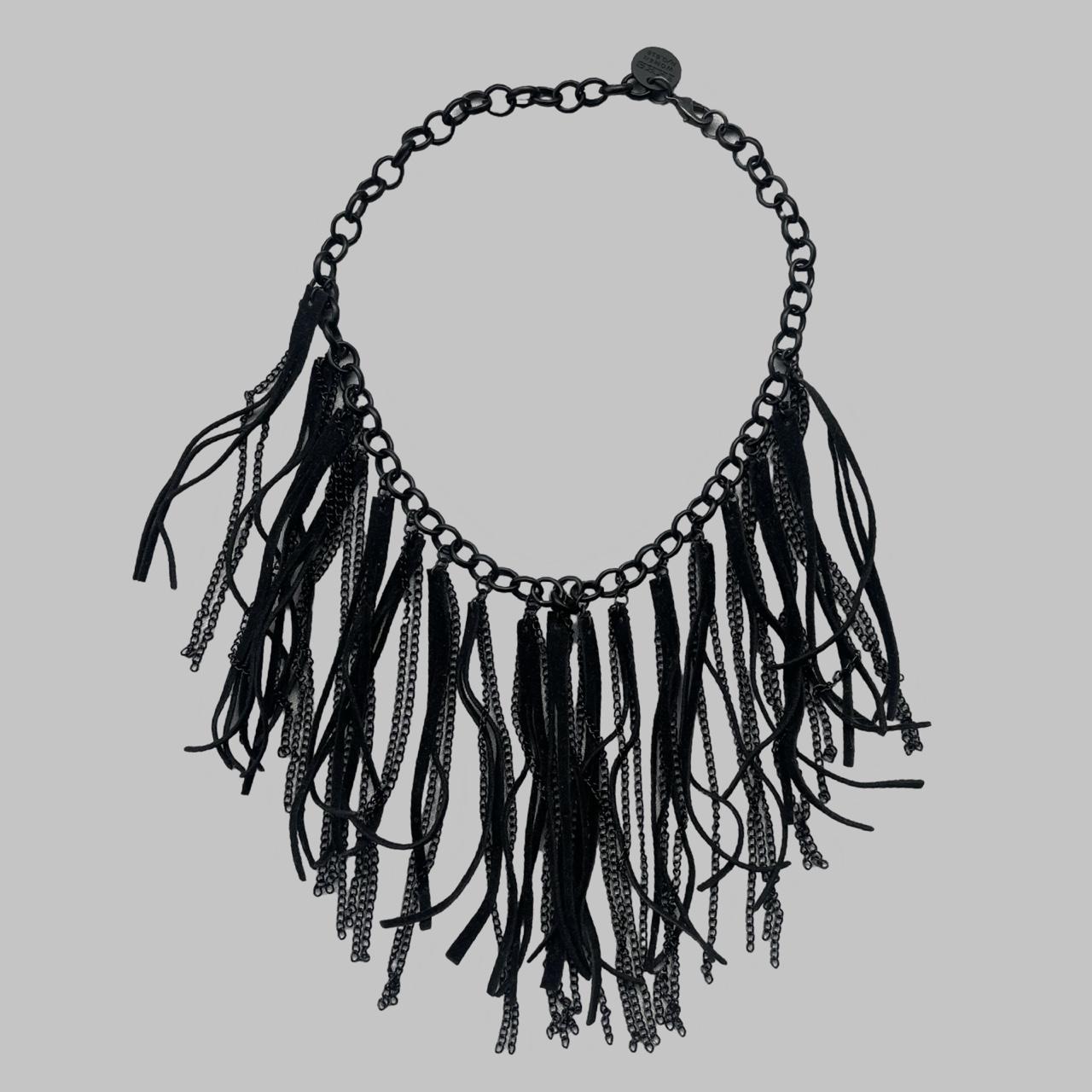 Suede and silver chains fringe necklace