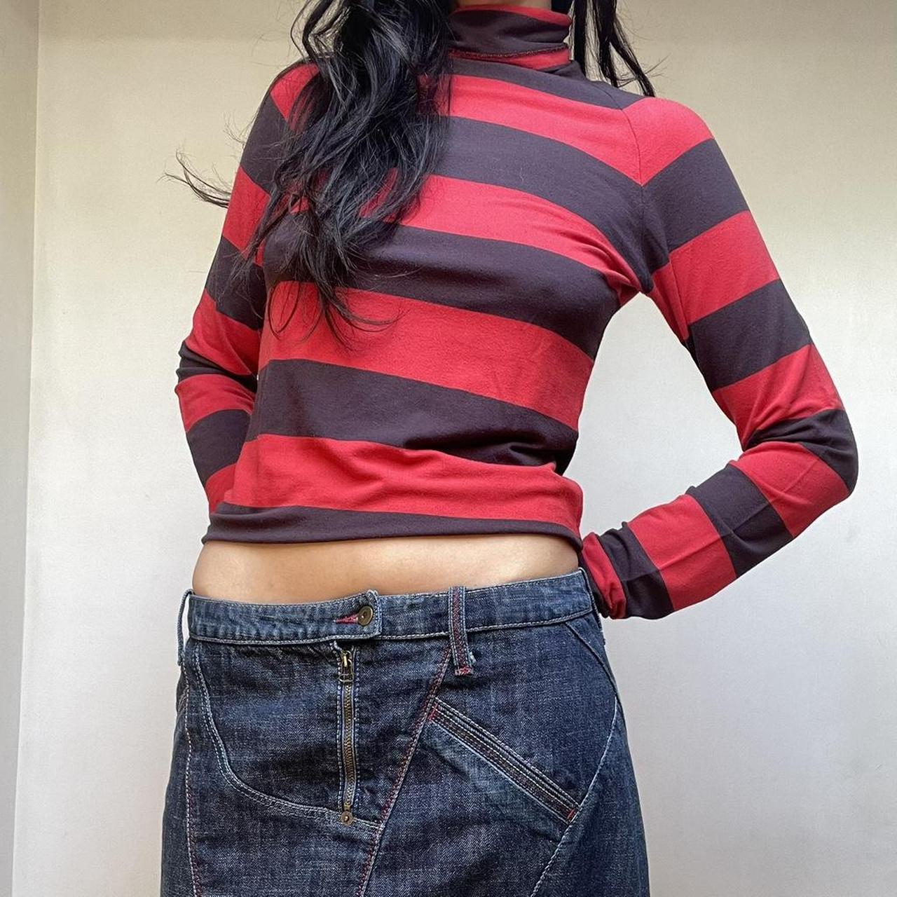 SOLD - Cop copine red and black striped turtleneck top.