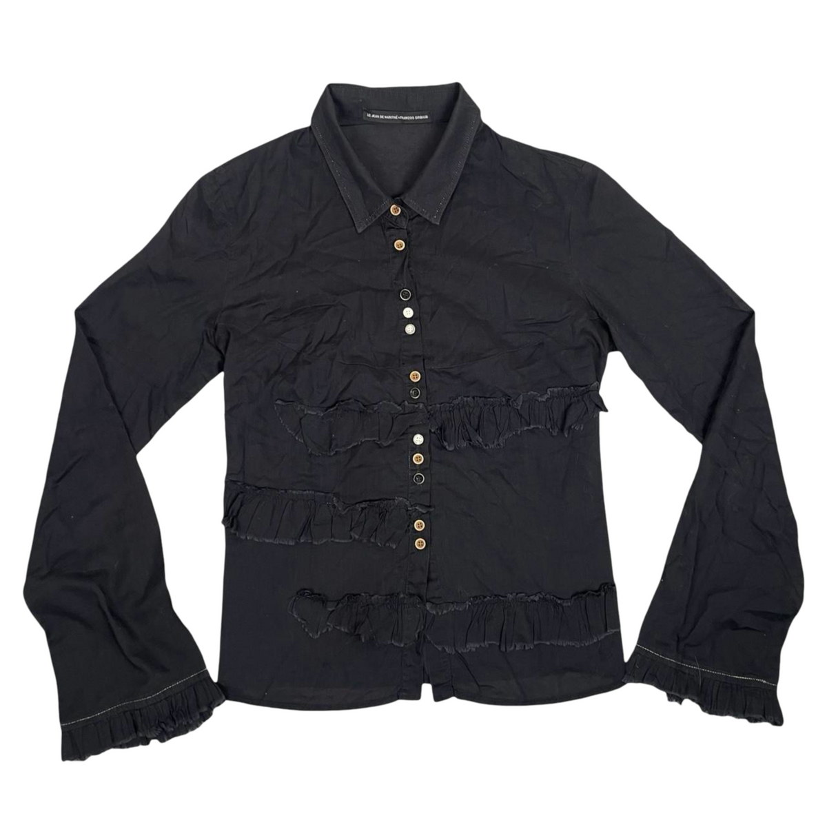 Marithé + François Girbaud black ruffled button-up shirt.