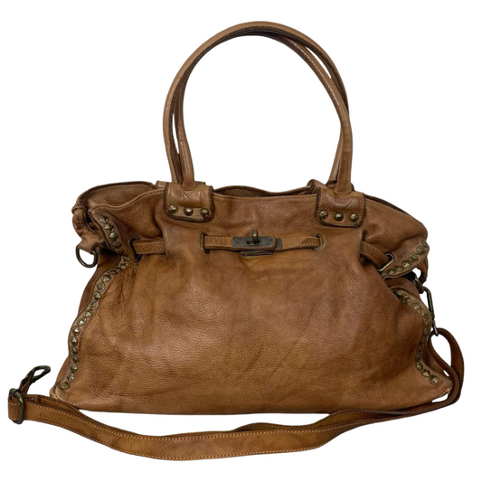 09 - Large camel brown leather studded firkin bag.