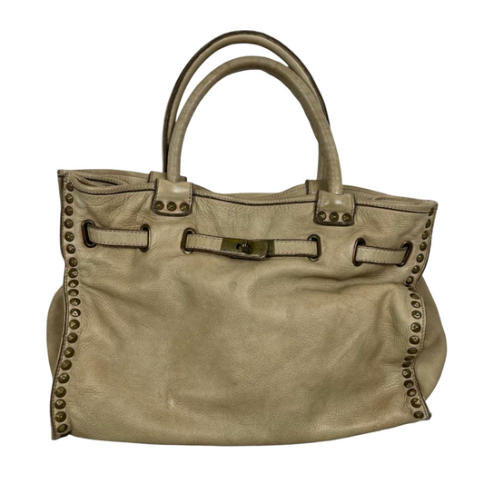 04 - Large light grey leather studded firkin bag.