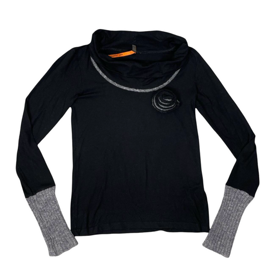 Cop Copine black and grey cowl neck top with brooch.