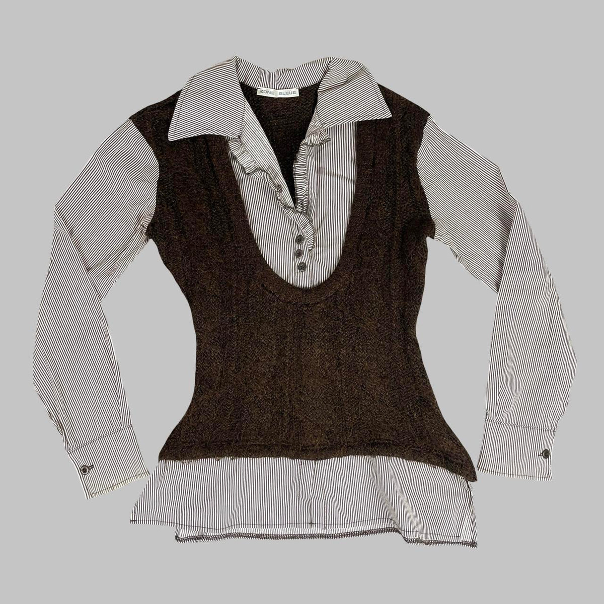 Zone Bleue brown and white trompe-l’œil milkmaid top. — photo 1