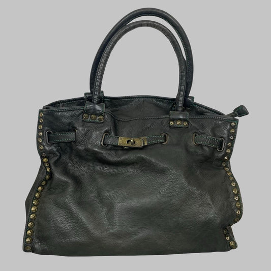 Large dark khaki leather studded firkin bag. — photo 1