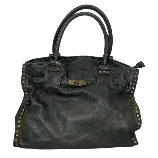 05 - Large dark khaki leather studded firkin bag.
