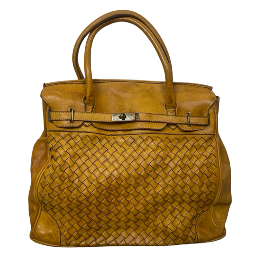 07 - Large yellow mustard woven leather firkin bag.
