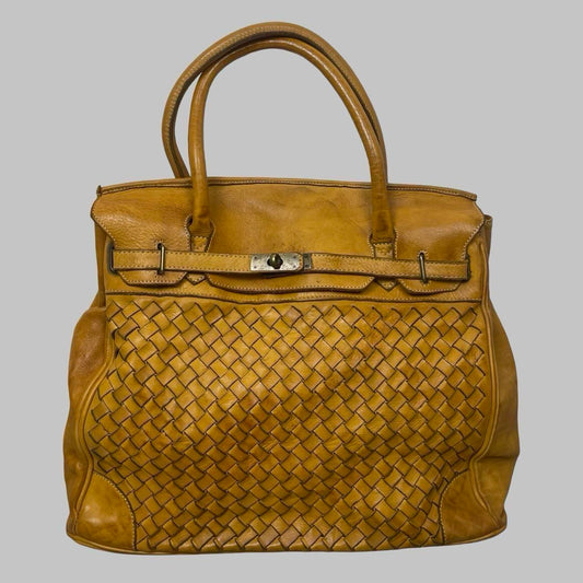 Large yellow mustard woven leather firkin bag. — photo 1