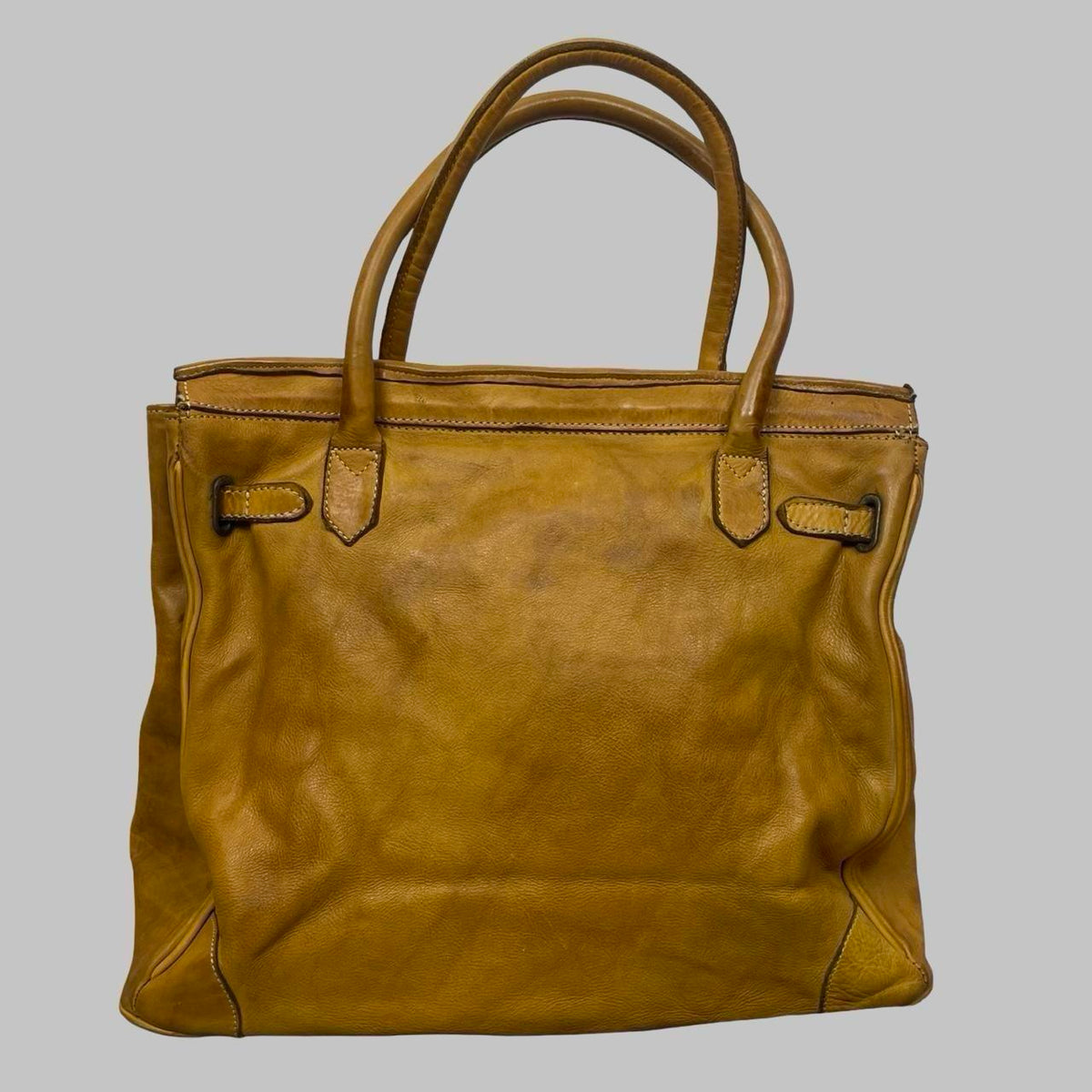 Large yellow mustard woven leather firkin bag. — photo 8