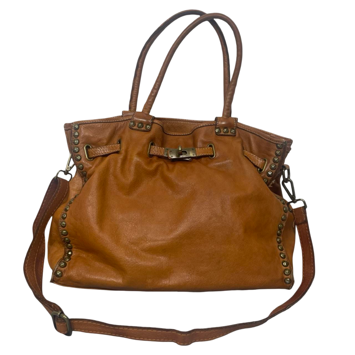 01 - Large cognac leather studded firkin bag.