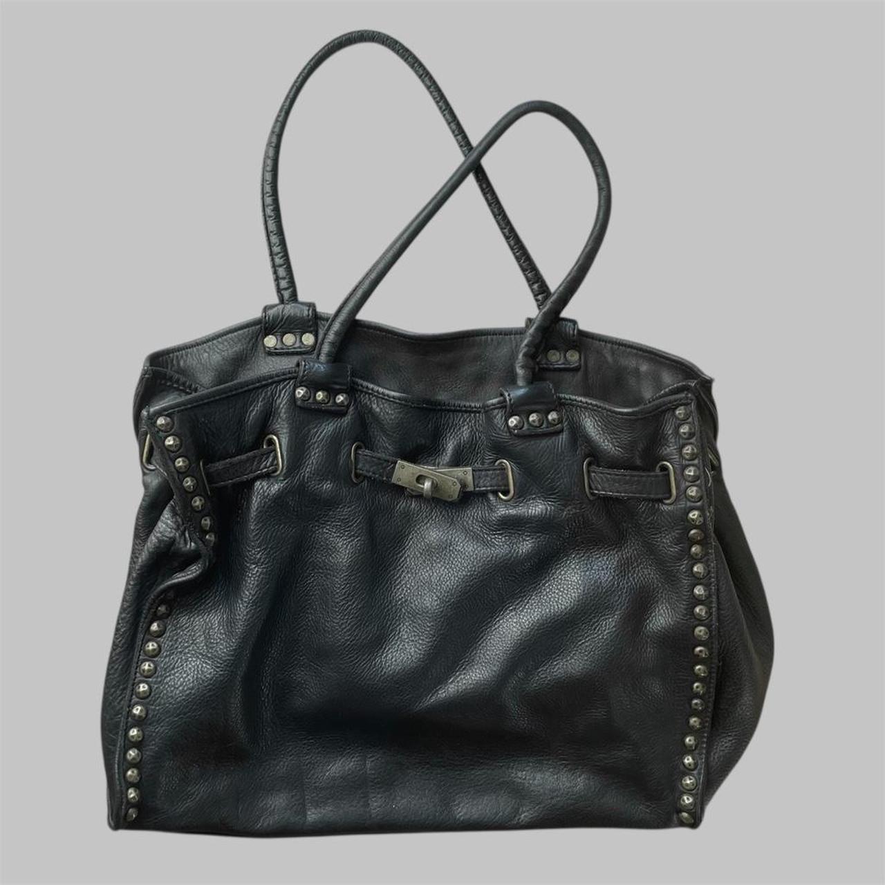 SOLD - Black (large) leather firkin bag with studs.