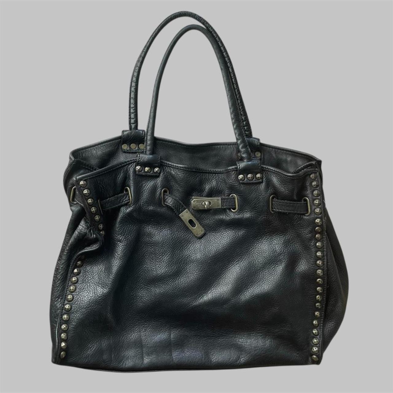 SOLD - Black (large) leather firkin bag with studs.