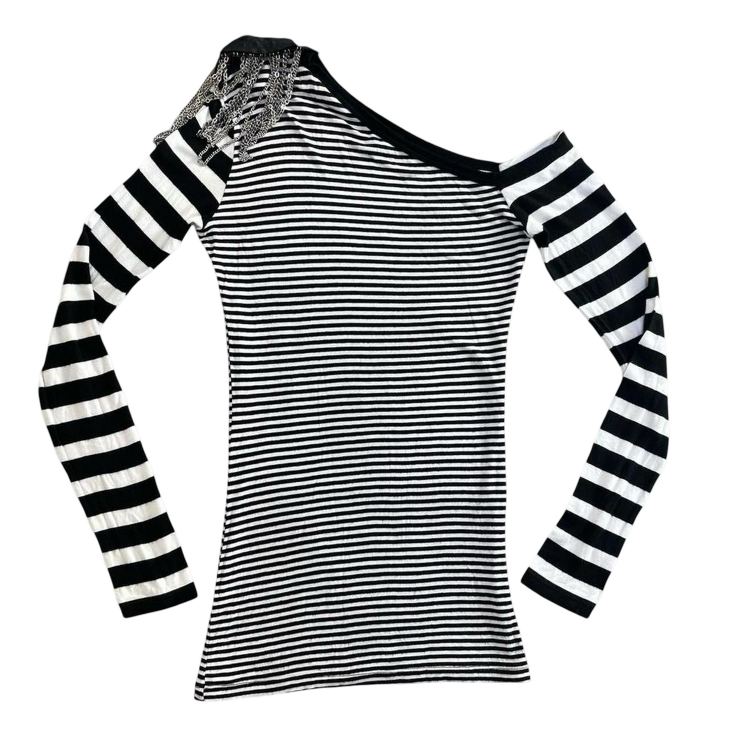 Italian striped off-shoulder mini dress.