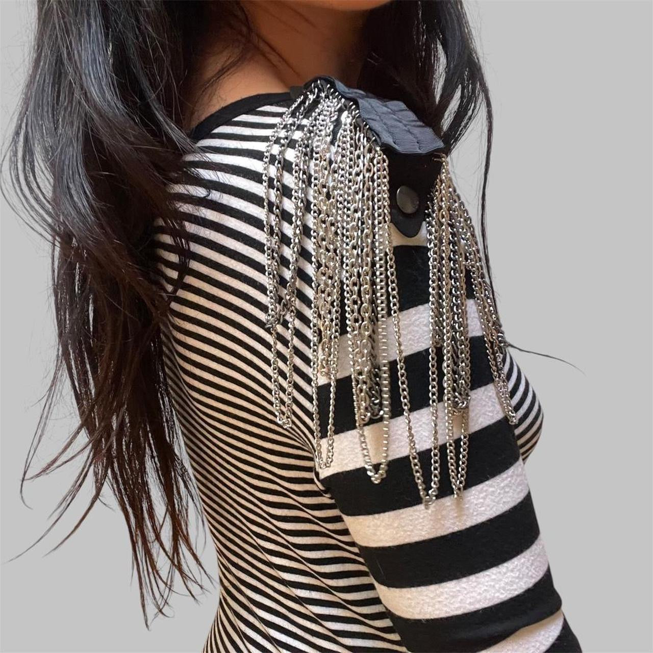 Italian striped off-shoulder mini dress.