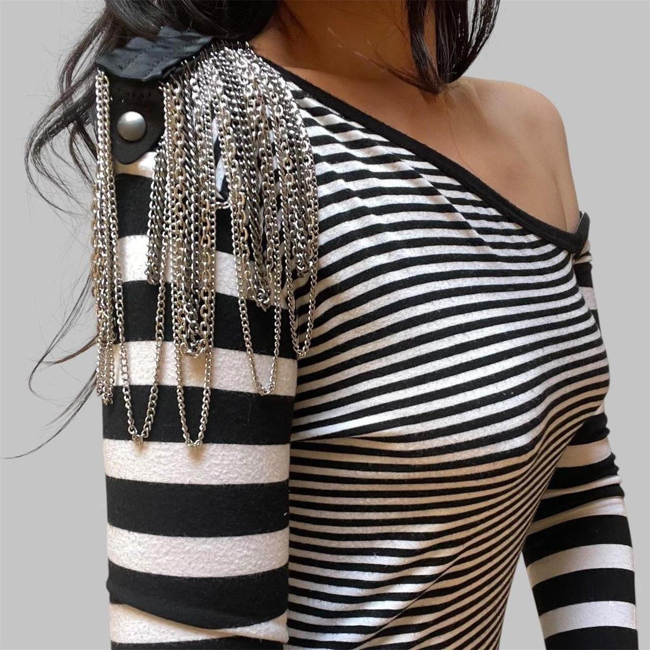 Italian striped off-shoulder mini dress.