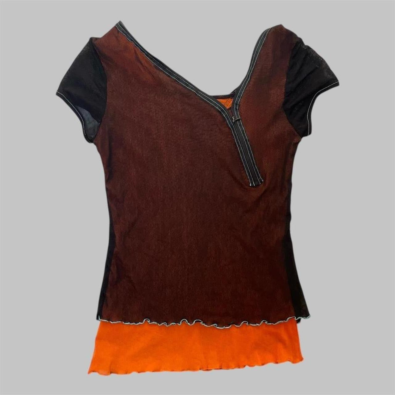 French black and orange mesh two-way top.