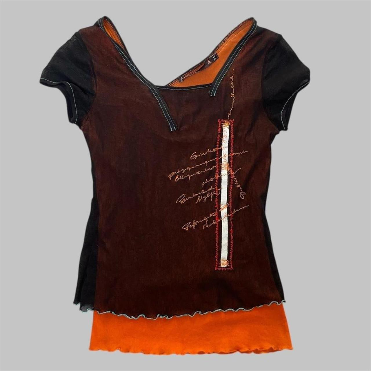 French black and orange mesh two-way top.