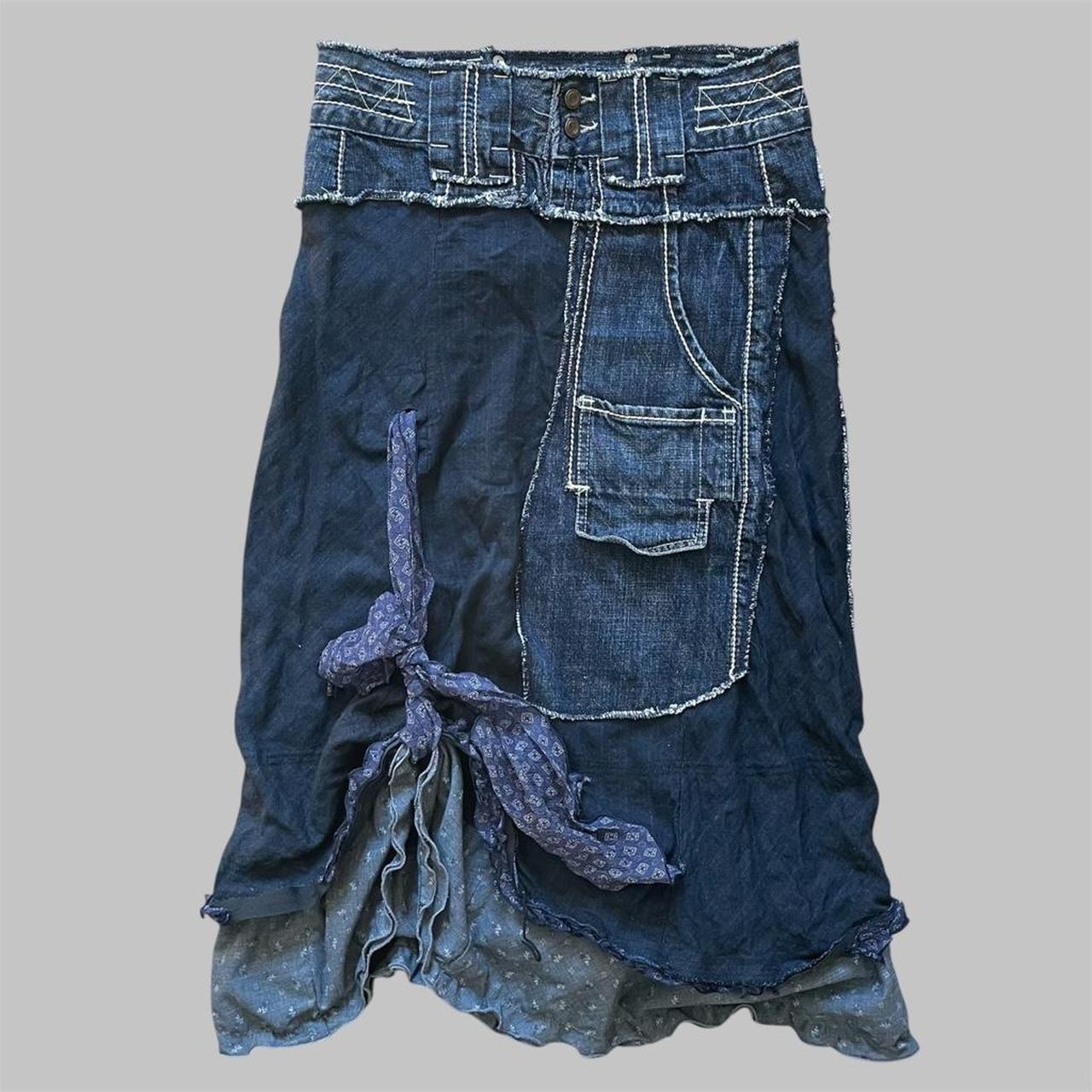 Italian bi-material denim midi skirt.