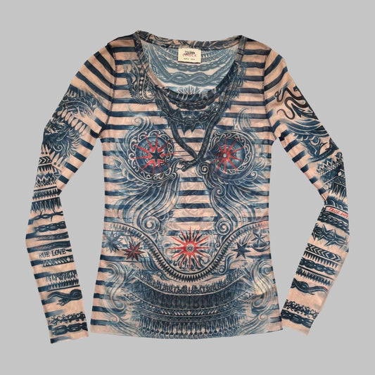 Jean Paul Gaultier tattoo print mesh top