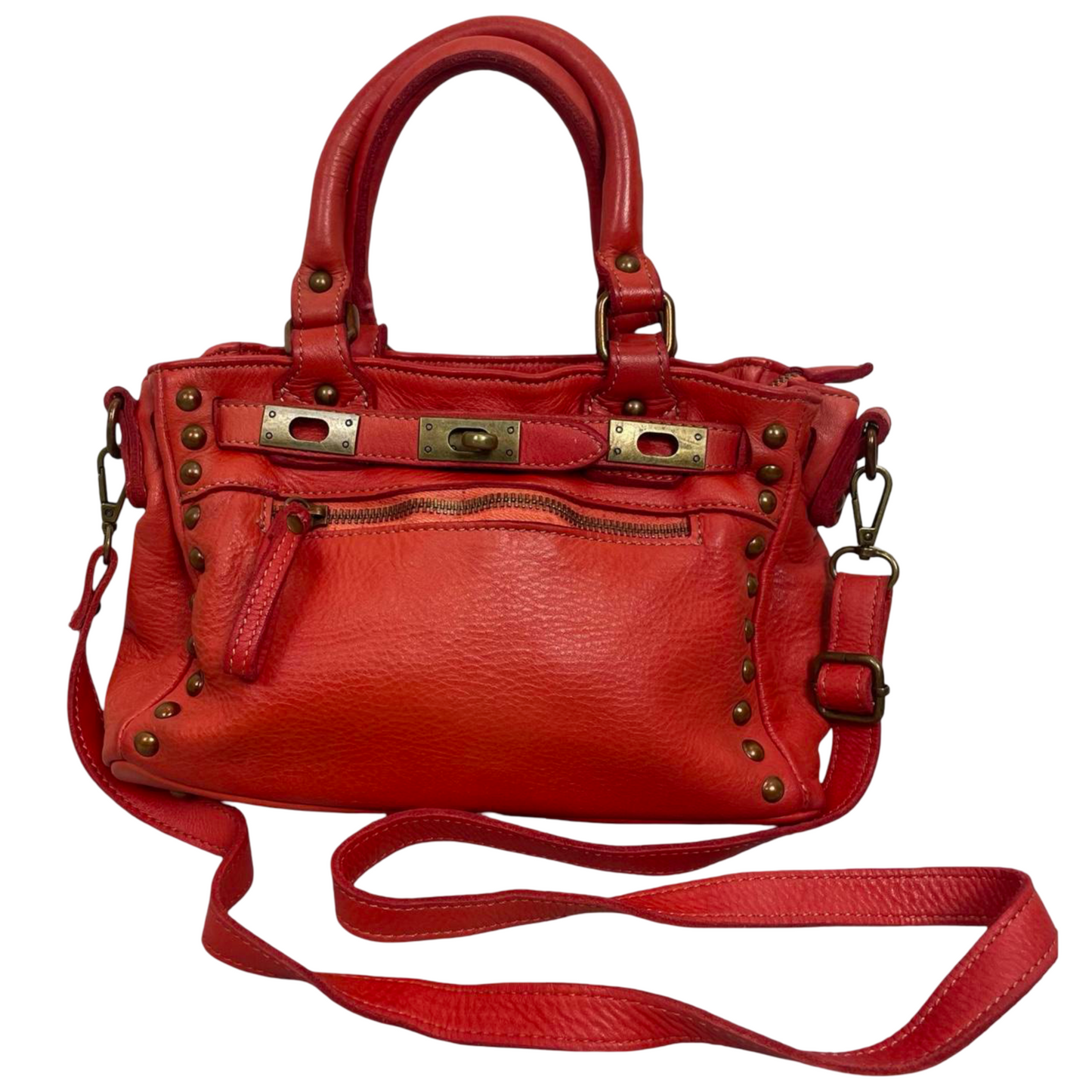 03 - Small red leather firkin bag with studs.