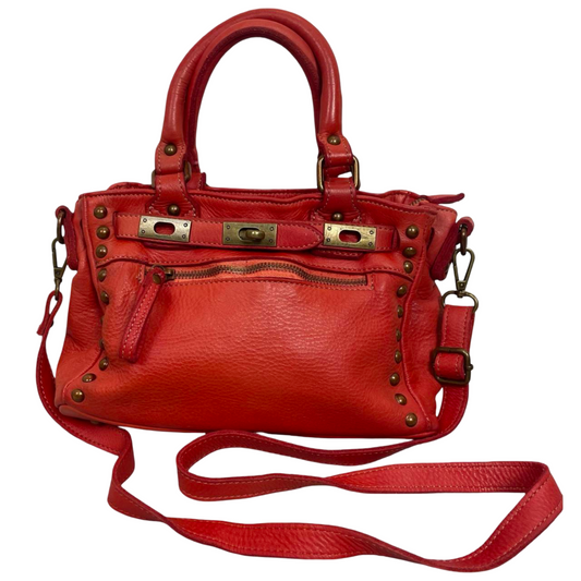 03 - Small red leather firkin bag with studs.