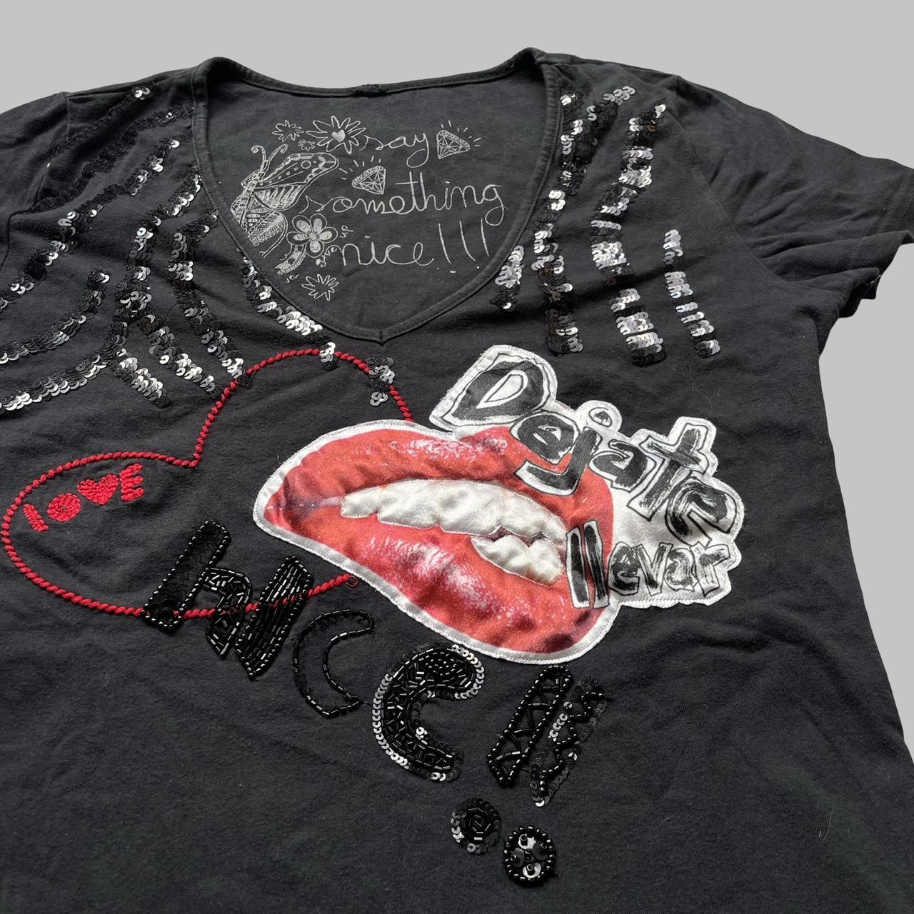 Desigual black t-shirt top with mouth graphic and sequins.
