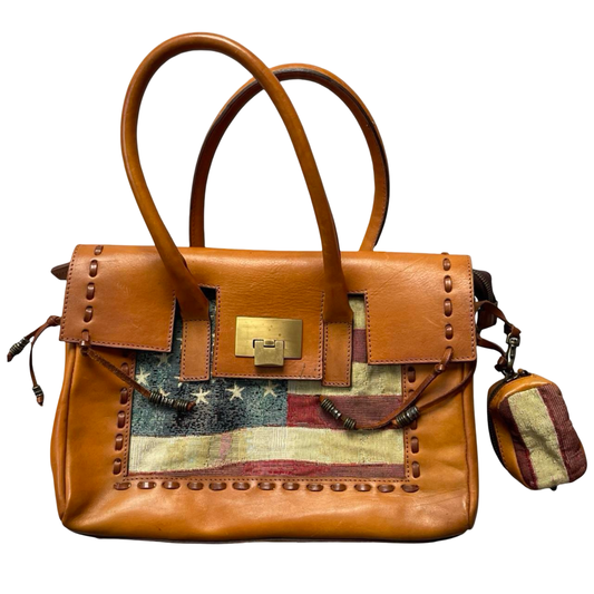 Italian leather birkin shape handbag with American flag tapestry.