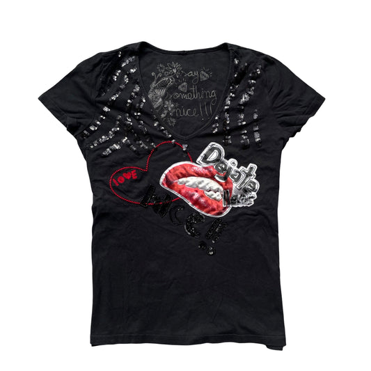Desigual black t-shirt top with mouth graphic and sequins.