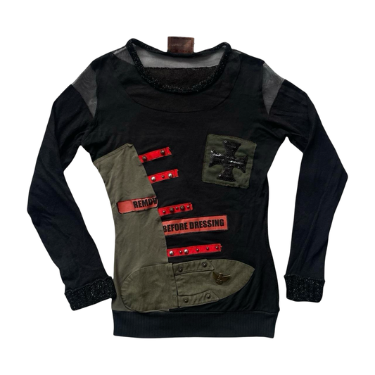 Italian multi-fabric long sleeve khaki and black top.