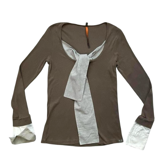 Cop copine khaki taupe blouse cotton shirt with integrated scarf.